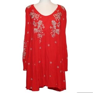 Free People Sweet Tennessee Embroidered Red Mini Dress Long Sleeve Size Small ?